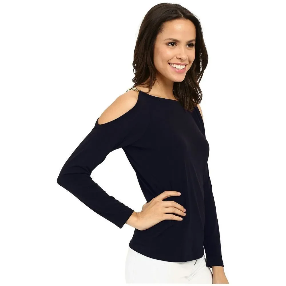New! MICHAEL KORS Women's Chain Cold Shoulder Top Blouse Navy Blue Size Medium